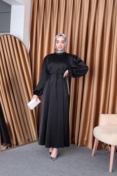 hacer ayaydın Μπαλόνι μανίκι Σατέν Hijab Oversize Piping ζωσμένο φόρεμα Hijab