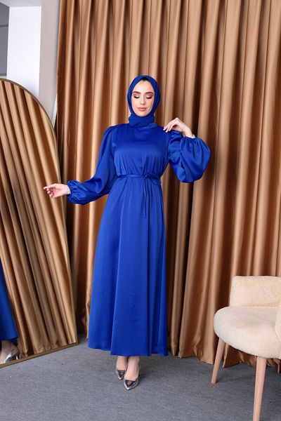 Aranlı tekstil Μπαλόνι μανίκι Σατέν Hijab Oversize Piping ζωσμένο φόρεμα Hijab
