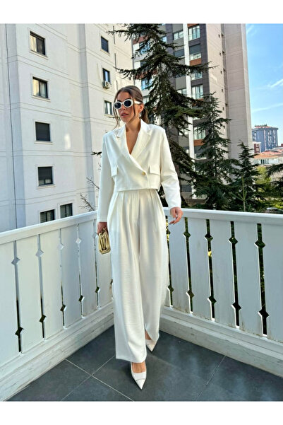 My Blog Women's Ecru Double Breasted Crop Jacket Trousers Set