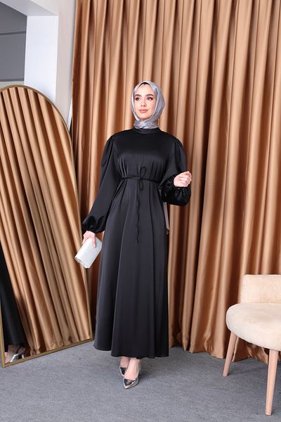 Aranlı tekstil Μπαλόνι μανίκι Σατέν Hijab Oversize Piping ζωσμένο φόρεμα Hijab