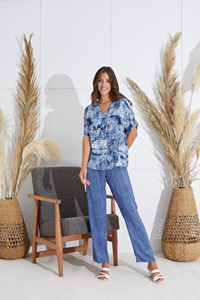 Sevim Γυναικείο κοστούμι πιτζάμες με κοντό μανίκι με κουμπιά μπλε Navy C2T5N551