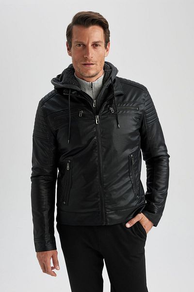 DeFacto Παλτό από συνθετικό δέρμα Slim Fit - Αποσπώμενη κουκούλα, φερμουάρ και τσέπες, βελούδινη επένδυση N9693az23wn