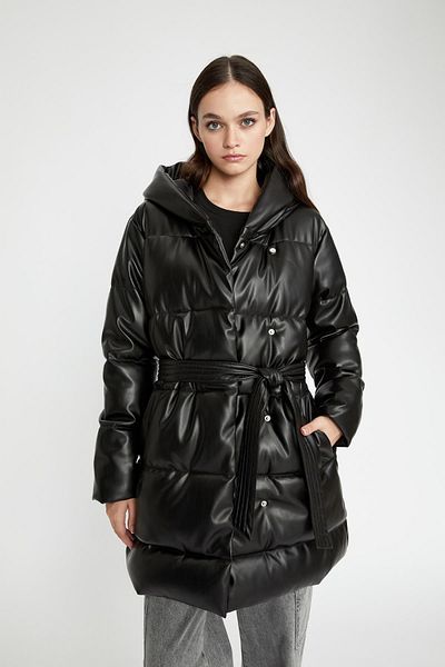 DeFacto Wasserabweisender langer Puffermantel aus Kunstleder – Parka mit Kapuze und Fleece-Gürteltasche