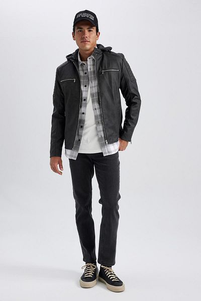 DeFacto Slim Fit Hooded Jacket Faux Leather Coat R2523az23wn