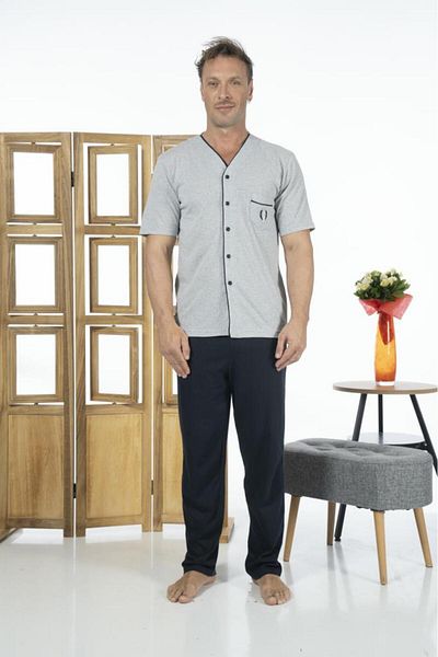 Estiva Men's Front Buttoned Short Sleeve Pocketed Summer Combed Cotton Pajama Set