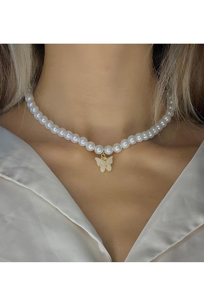 Elifsu Jewelry Butterfly Detailed Pearl Necklace (Golden Color)