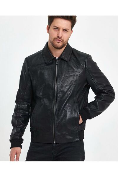 gorgitino Jachetă pentru bărbați din piele naturală Jumbo, culoare neagră, cu guler cămașă, tricotat în talie