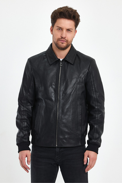 gorgitino Jachetă pentru bărbați din piele naturală Jumbo, culoare neagră, cu guler cămașă, tricotat în talie