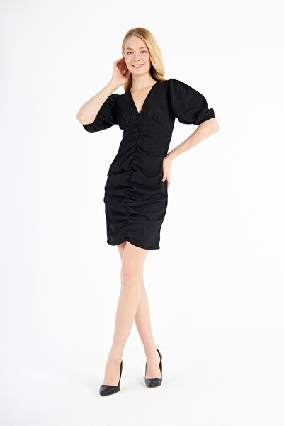 Ceylen V Yakalı Ön Orta Drapeli Balon Kollu Simli Mini Elbise