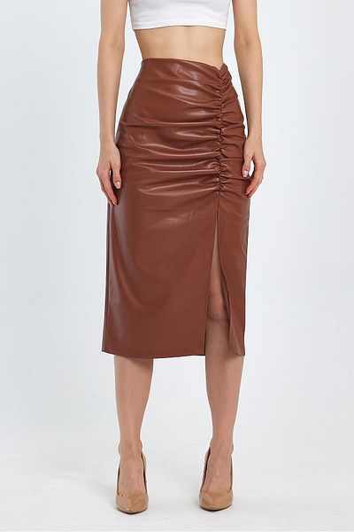 Ceylen Women's Gathered Slit Faux Leather Skirt