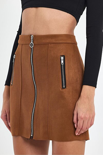 Ceylen Çift Fermuar Detay Süet Etek