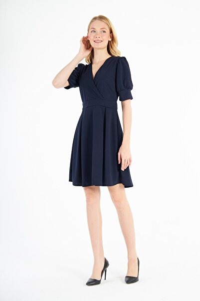 Ceylen Double Breasted Collar Balloon Sleeve Pleat and Eyebrow Mini Crepe Dress