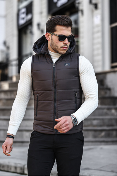 Rompasso Brown Men's Water Windproof Inflatable Padded Seasonal Spring Detachable Hood Vest Jacket Mo