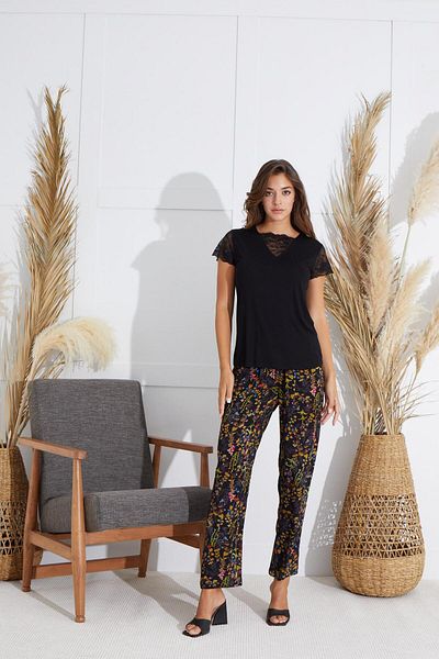 Sevim Set pijamale negre cu mânecă scurtă pentru femei C7T8N551