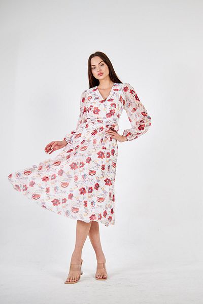Ceylen Double Breasted Collar Long Sleeve Chiffon Flared Midi Dress
