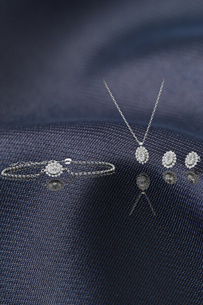 byess 925 Ayar Gümüş Elmas Montürlü Oval Kolye Küpe Bileklik Set