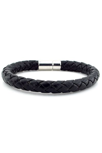 Solfera Thick Black Leather Silver Color Metal Clip Men's Bracelet M048A