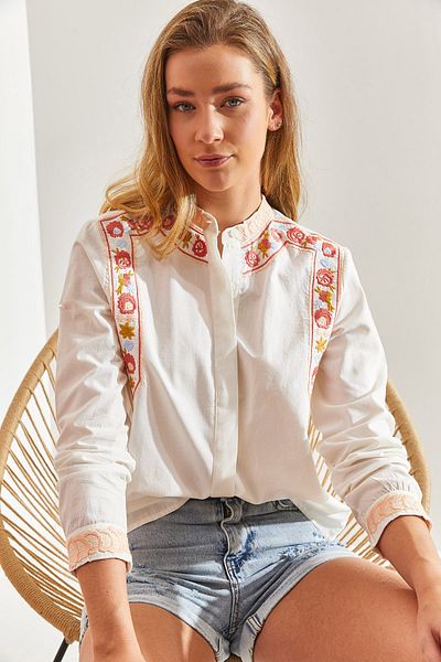 Bianco Lucci Leinenhemd mit besticktem Richterkragen für Damen60171050
