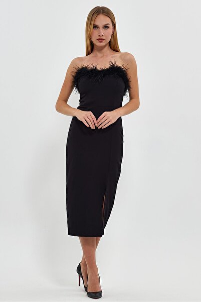 Ceylen Finike Fabric Straples Otrikli Collar Midi Dress