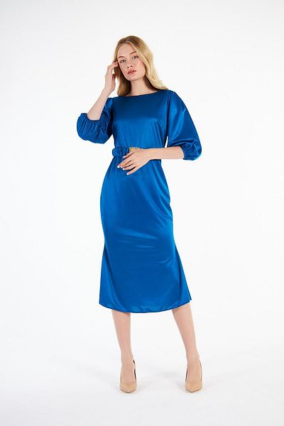 Ceylen Rochie de seara din satin de lungime medie cu decolteu in U si centura de cauciuc pe spate