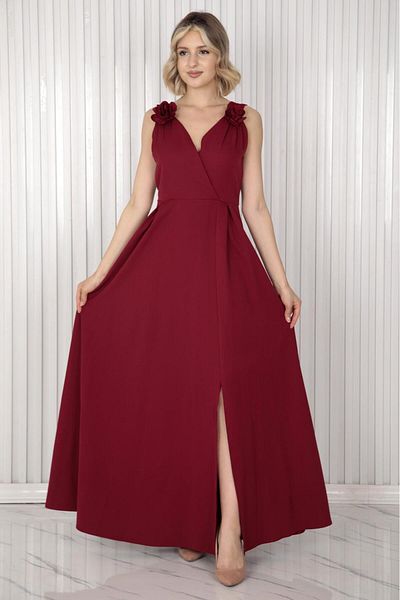 Ceylen Double Breasted Collar Flower Detailed Sleeveless Long Evening Dress