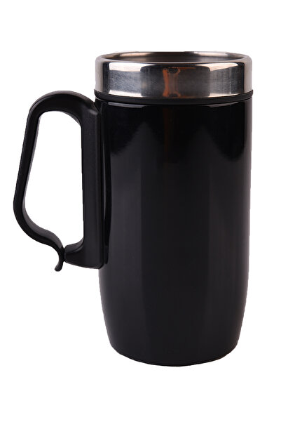 Verahed Çift Katmanlı Kauçuk Taban 250ml Parlak Siyah Kulplu Paslanmaz Çelik Termos Bardak Mug Kupa Kahve