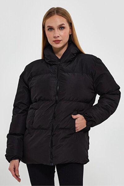 Ceylen kadın Siyah Kapüşonlu Oversize Şişme Mont