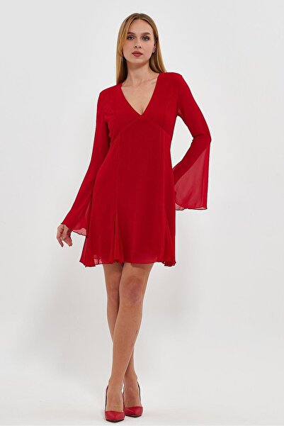 Ceylen Chiffon V-neck Long Bell Sleeve Mini Dress with Handkerchief Skirt