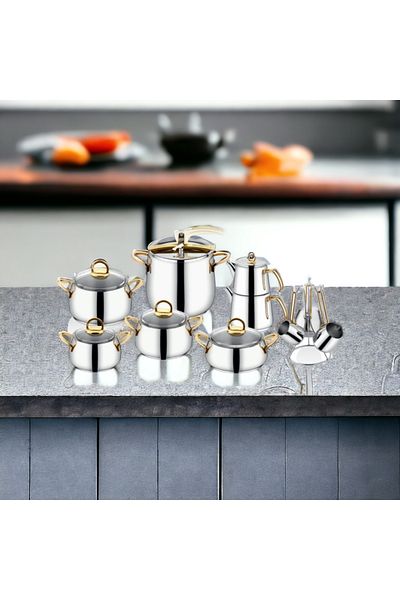 İnter Steel Hanzade 18 Piece Dowry Set with Glass Cover Gold