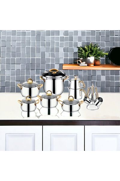 İnter Steel Hanzade Practical and Glass Cover 18 Piece Dowry Set Gold