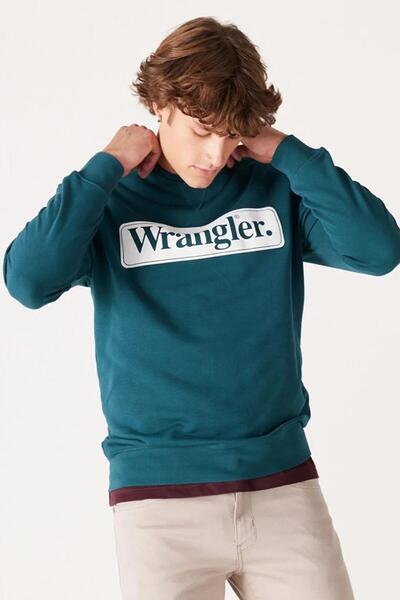 WRANGLER W6f3ı3g03 Yeşil-beyaz Önü Baskılı Bisiklet Yaka Erkek Sweat