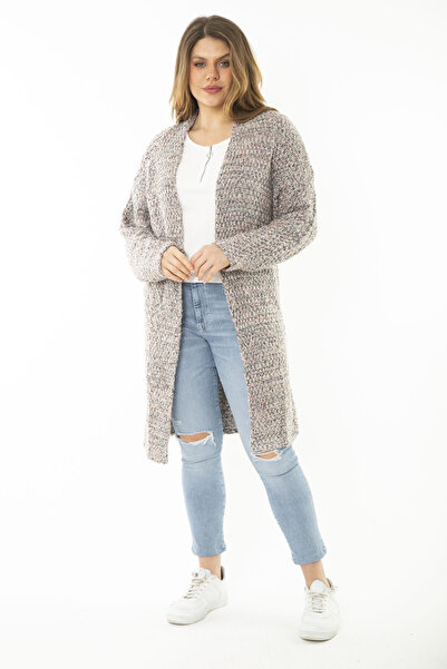 Şans Women's Large Size Lilac Thick Knitwear Cardigan 65N37170