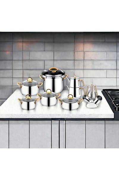 İnter Steel Hanzade Practical and Glass Cover 18 Piece Dowry Set Gold