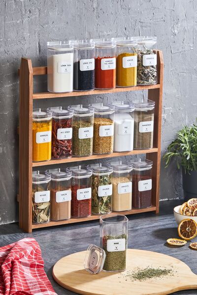 KukiWood طقم أوعية توابل 18 قطعة مع وعاء أكريليك 300 مل وحامل خشبي 24 قطعة عل...