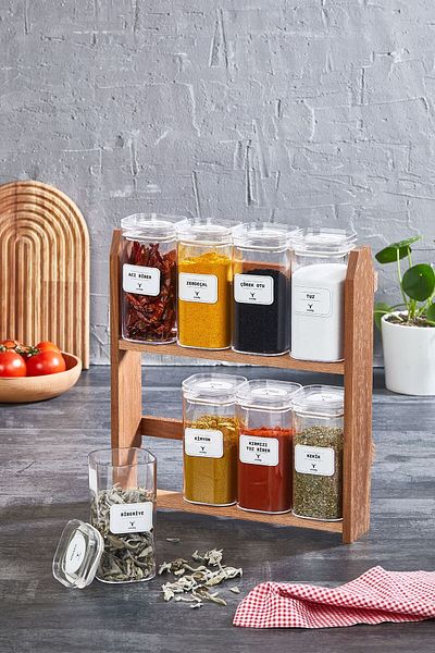 KukiWood Set of 8 Spice Dispensers with 300 ML Acrylic Jar and Wooden Stand 24 Pieces Spice Label