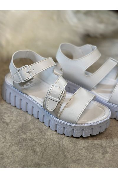 İmerShoes Daily Women's White Sandals with Buckle, High Thick Heels, Serrated Soled, Banded 269