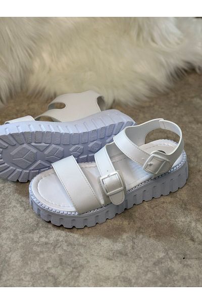 İmerShoes Daily Women's White Sandals with Buckle, High Thick Heels, Serrated Soled, Banded 269