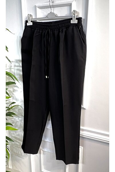 Aşkı Endam Large Size Charm Imported Slinky Trousers with Elastic Waist and Side Pockets - Black