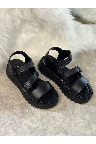 İmerShoes Sandale negre de zi cu zi pentru femei cu cataramă, tocuri înalte groase, talpă zimțată, bandă 269