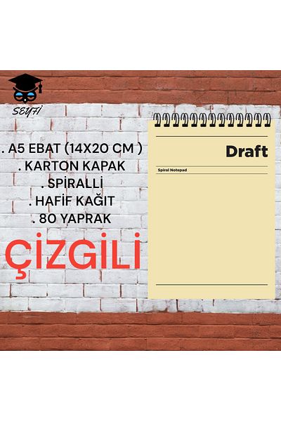 SEYFİKİRTASİYE A5 14x20 Cm Striped 80 Sheets Top Opening Cardboard Cover Wire Light Paper 1. Dough Perforation Draft Ser