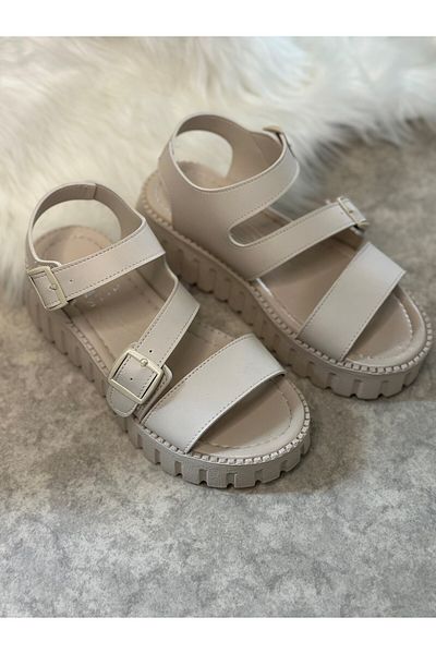 İmerShoes Sandale casual de damă bej, cu cataramă, cu toc gros, talpă zimțată cu bandă 269