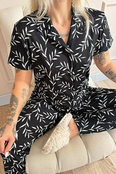 Pijamaevi Olive Branch Patterned Knitted Front Buttoned Short Sleeve Women's Pajamas