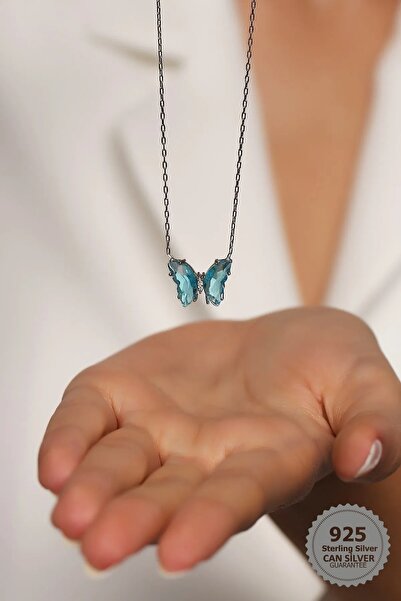 CAN SİLVER 925 Ayar Gümüş Aqua Taşlı Kelebek Gümüş Kadın Kolye- Aşk Kolyesi K...