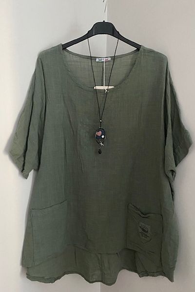 AYASOFYA OTANTIK Γυναικείο Χακί Ιταλικό Κοντό μανίκι Oversize Casual Μπλούζα με αξεσουάρ κολιέ και τσέπη
