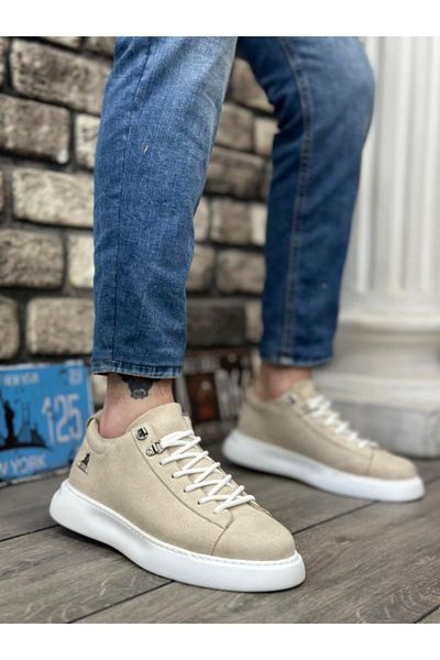 BPM BA0331 Pantofi sport pentru bărbați - Talpă înaltă, piele de căprioară crem, alb, cu șireturi