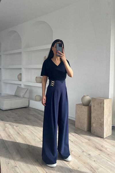 Seda Yalçın Atelier Navy Blue V-Neck Short Sleeve Knitwear T-shirt