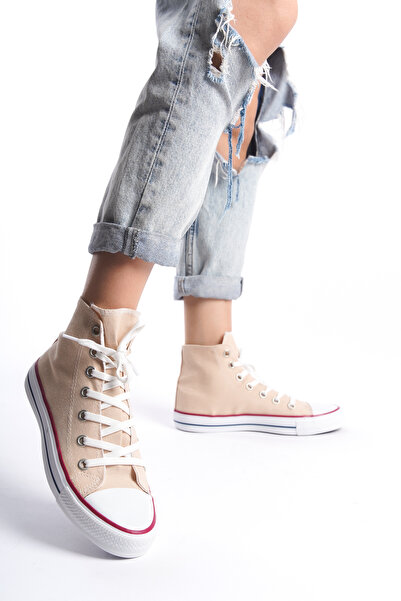 eformoda by emre yılmaz Krem Kadın Uzun Keten Spor Ayakkabı Günlük Sneakers CNV6