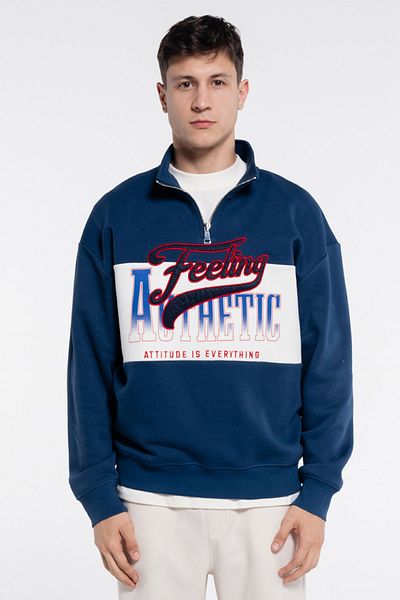 Friday Offset Mıke Men's Petrol Stand Collar Oversize Semi Zippered Unisex Sweatshirt