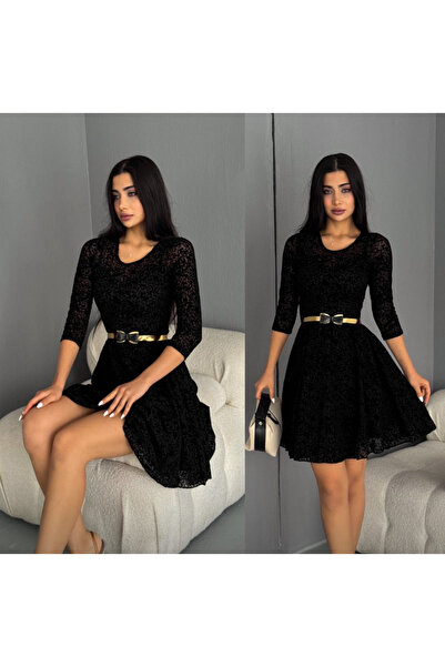 ELBİSENN ELBİSE flok baskı kemerli astarlı elbise