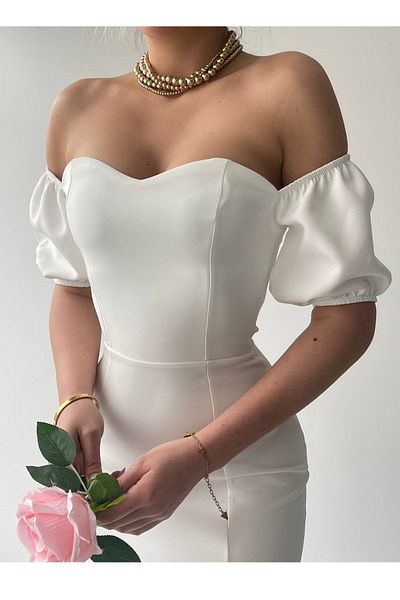 vuvutasarım Design šněrování na zádech z bílé tkaniny Atlas Detail límce bez ramínek Midi šaty 227